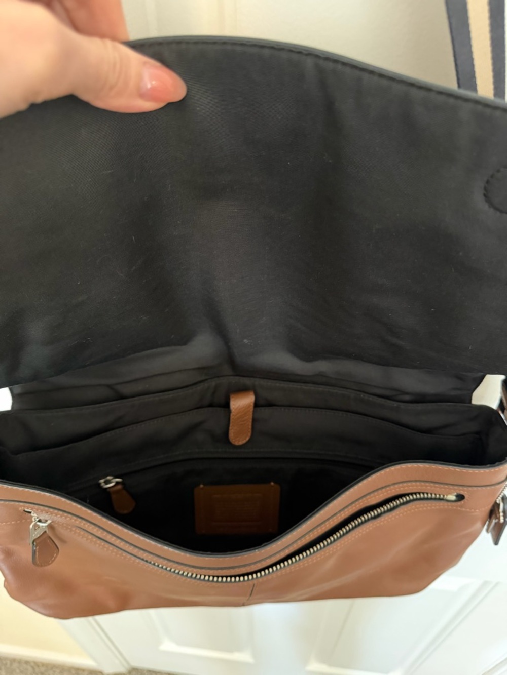 Coach Tan Leather Messenger Bag with Striped Strap - Picture 8 of 10